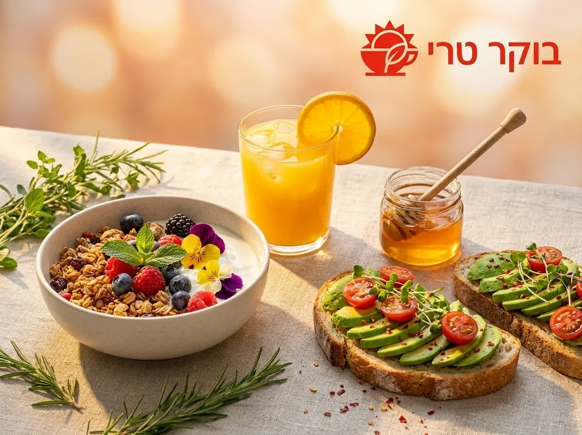 ארוחת בוקר טרייה ובריאה באור שמש זהוב